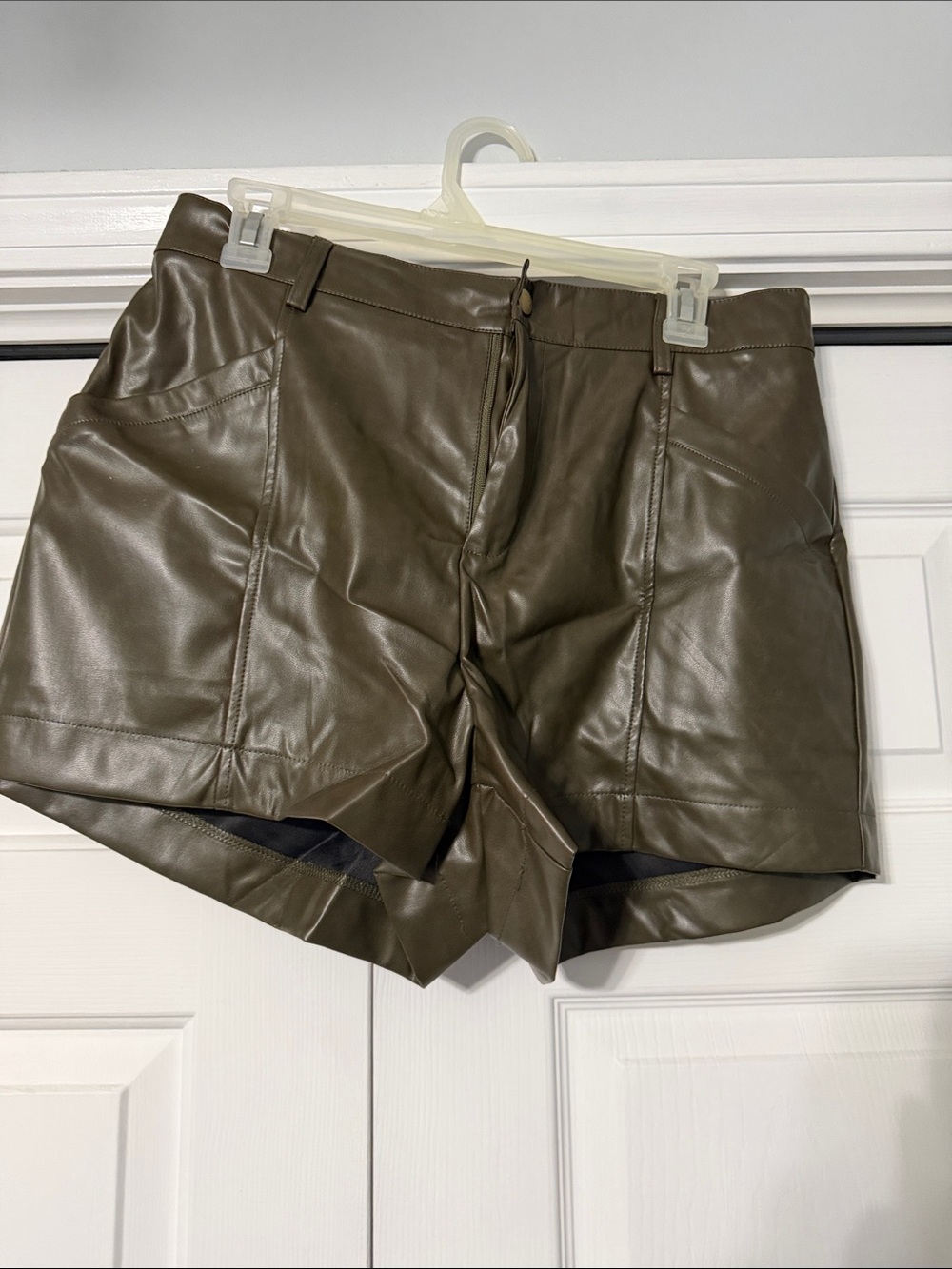 Faux Leather High-Rise Olive Green Women's Shorts